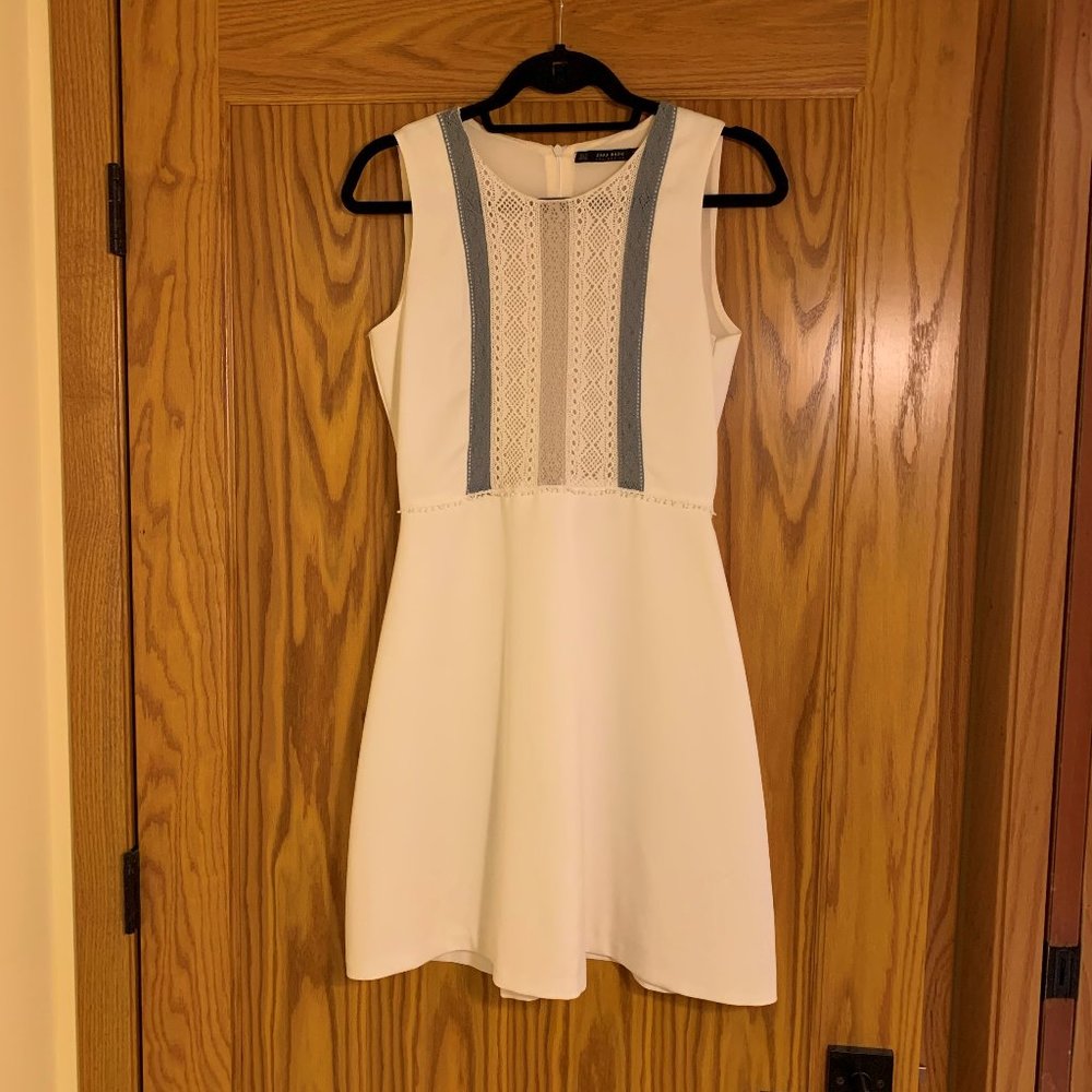 Zara soft white dress with gray and blue detail